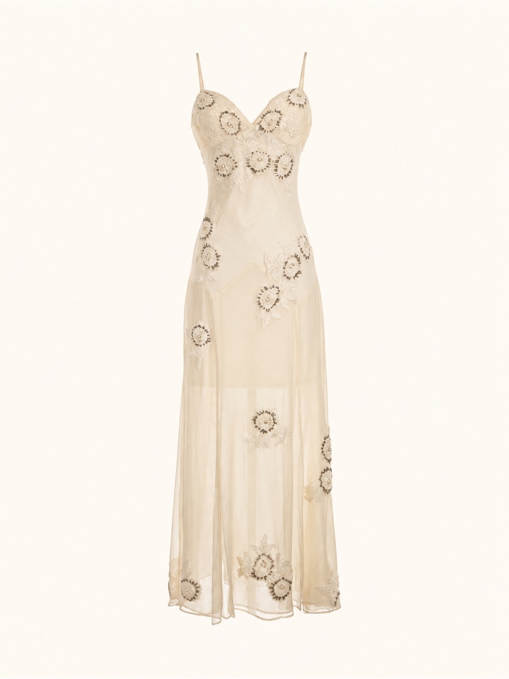 Sue Wong Nocturne 100% Silk Embellished Beaded Ivory Maxi Dress Size 4